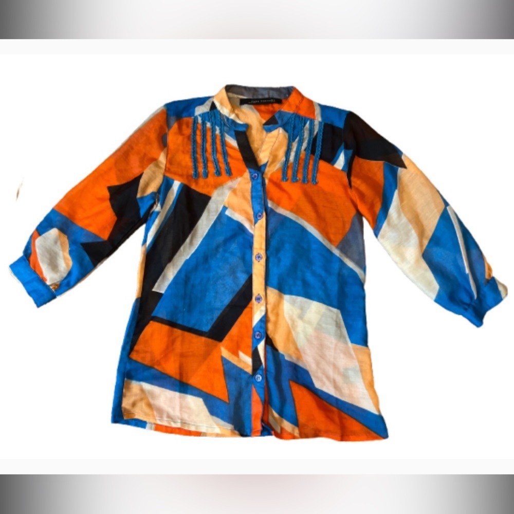 Zara top Blue &  Orange‎ multicolor Graphic Button Down Blouse 3/4 sleeves small